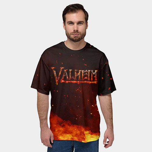 Мужская футболка оверсайз Valheim огненный лого / 3D-принт – фото 3