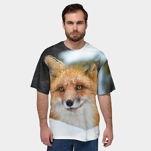 Мужская футболка оверсайз Лисичка на сугробе / 3D-принт – фото 3