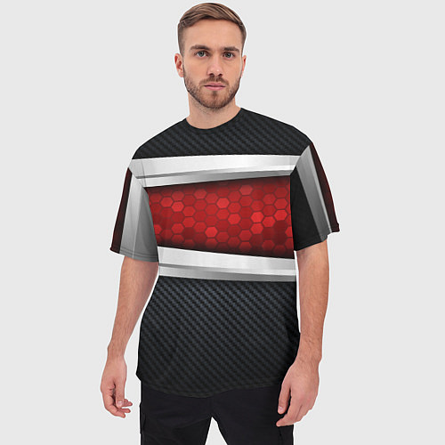 Мужская футболка оверсайз 3D Красные соты металлические / 3D-принт – фото 3