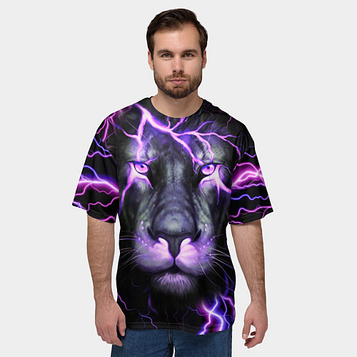Мужская футболка оверсайз НЕОНОВЫЙ ЛЕВ NEON LION / 3D-принт – фото 3