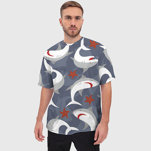 Мужская футболка оверсайз Акулы / 3D-принт – фото 3