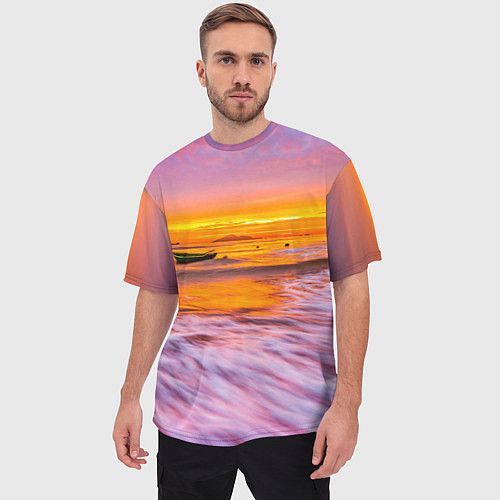 Мужская футболка оверсайз Закат на пляже / 3D-принт – фото 3