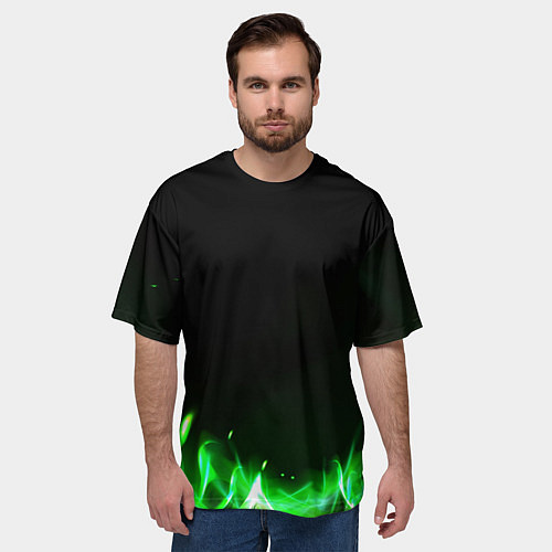Мужская футболка оверсайз Зеленый огонь / 3D-принт – фото 3