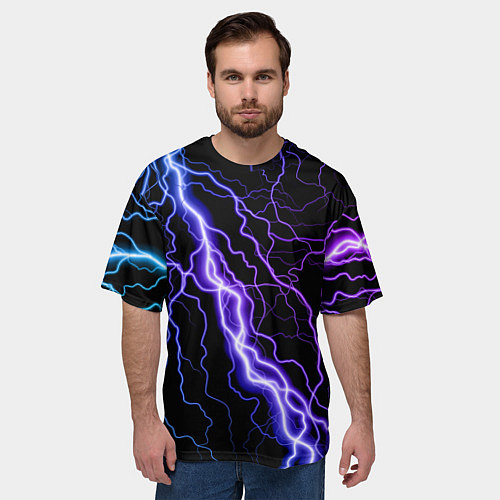 Мужская футболка оверсайз НЕОНОВАЯ МОЛНИЯ ГРОЗА / 3D-принт – фото 3