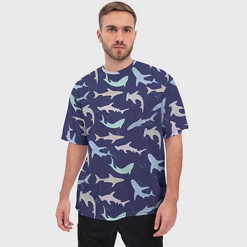 Мужская футболка оверсайз Акулы разные / 3D-принт – фото 3
