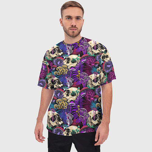 Мужская футболка оверсайз Психоделика - черепа и грибы / 3D-принт – фото 3