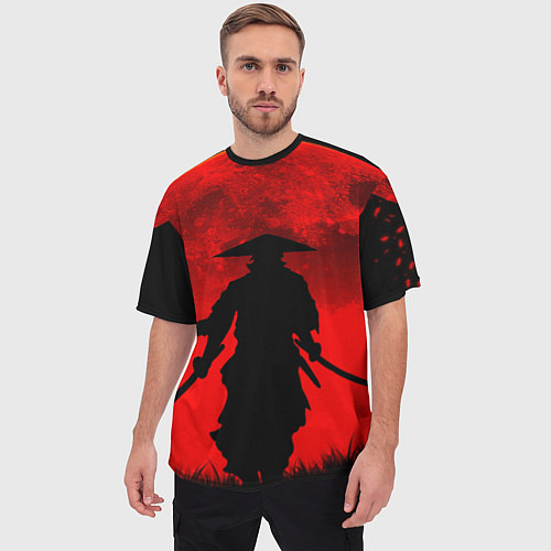 Мужская футболка оверсайз САМУРАЙ кровавой луны / 3D-принт – фото 3