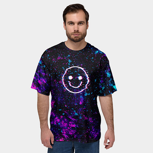 Мужская футболка оверсайз GLITCH SMILE ГЛИТЧ СМАЙЛ / 3D-принт – фото 3