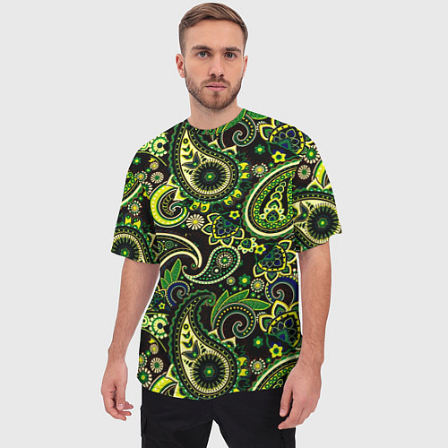 Мужская футболка оверсайз Ярко зеленые славянские узоры / 3D-принт – фото 3