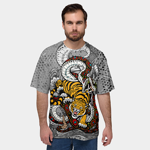 Мужская футболка оверсайз Змея и ТигрTiger Snake Fight / 3D-принт – фото 3