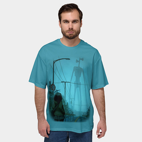 Мужская футболка оверсайз СИРЕНОГОЛОВЫЙ И ДЕВОЧКА / 3D-принт – фото 3