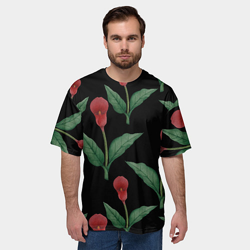 Мужская футболка оверсайз Красные каллы на черном / 3D-принт – фото 3