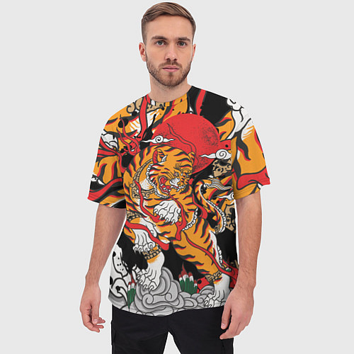 Мужская футболка оверсайз Самурайский тигр / 3D-принт – фото 3