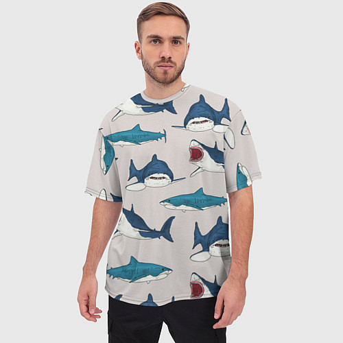Мужская футболка оверсайз Кровожадные акулы паттерн / 3D-принт – фото 3