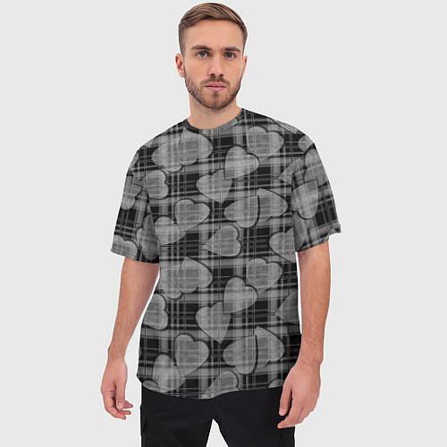 Мужская футболка оверсайз Черно-серый клетчатый узор / 3D-принт – фото 3