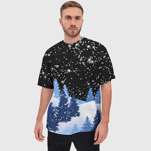 Мужская футболка оверсайз Снежная ночь в зимнем лесу / 3D-принт – фото 3