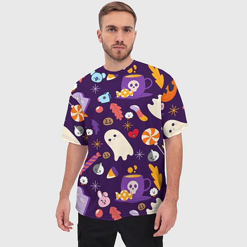 Мужская футболка оверсайз HALLOWEEN BTS BT21 PATTERN БТ21 БТС ХЕЛЛОУИН / 3D-принт – фото 3