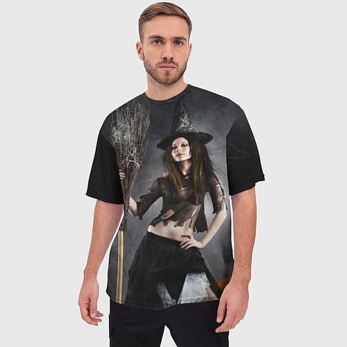 Мужская футболка оверсайз Милая ведьма с метлой / 3D-принт – фото 3