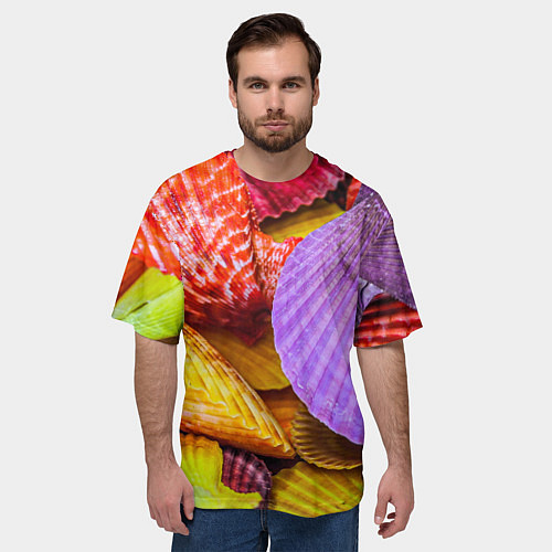 Мужская футболка оверсайз Разноцветные ракушки multicolored seashells / 3D-принт – фото 3