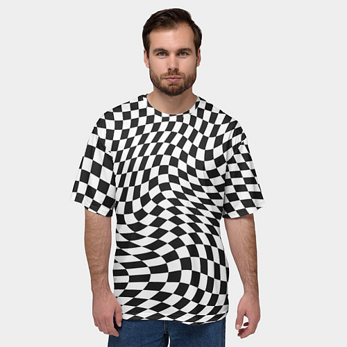 Мужская футболка оверсайз Черно-белая клетка Black and white squares / 3D-принт – фото 3