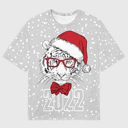 Футболка оверсайз мужская Белый тигр в шапке Санты, цвет: 3D-принт