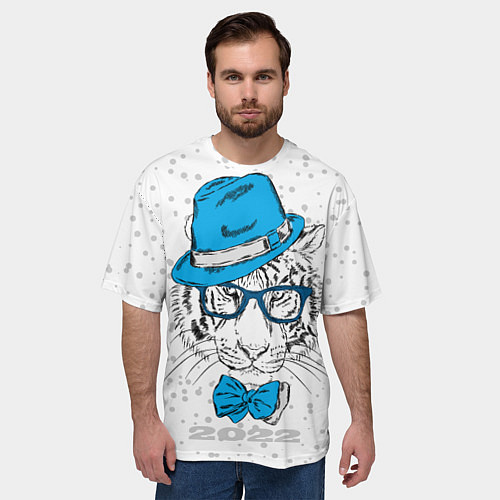 Мужская футболка оверсайз Белый тигр в синей шляпе / 3D-принт – фото 3