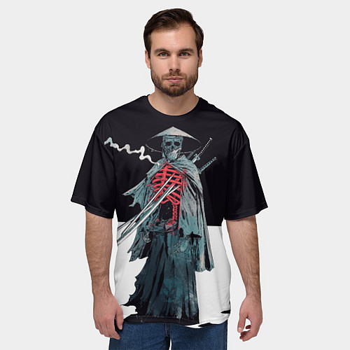Мужская футболка оверсайз Скелет Самурай с трубкой на черно белом фоне / 3D-принт – фото 3
