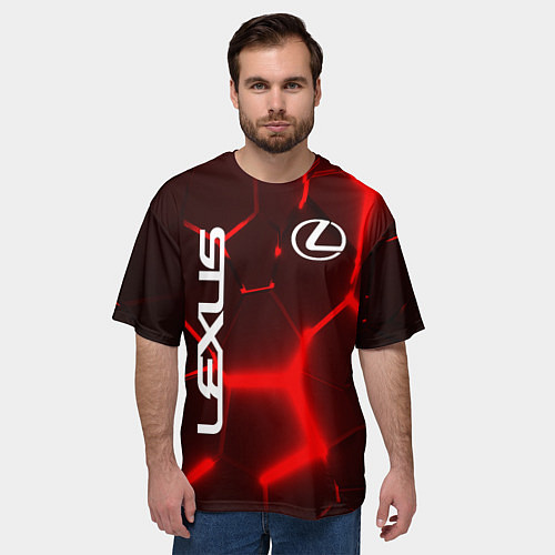 Мужская футболка оверсайз ЛЕКСУС КРАСНЫЕ 3Д ПЛИТЫ / 3D-принт – фото 3