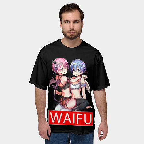 Мужская футболка оверсайз Рем и рам вайфу Re zero ahegao / 3D-принт – фото 3