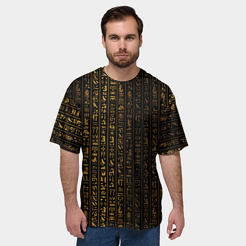 Мужская футболка оверсайз ЕГИПЕТСКИЕ ИЕРОГЛИФЫ ЗОЛОТОМ / 3D-принт – фото 3