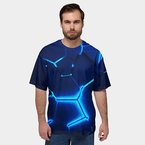 Мужская футболка оверсайз 3D ПЛИТЫ NEON STEEL НЕОНОВЫЕ ПЛИТЫ / 3D-принт – фото 3