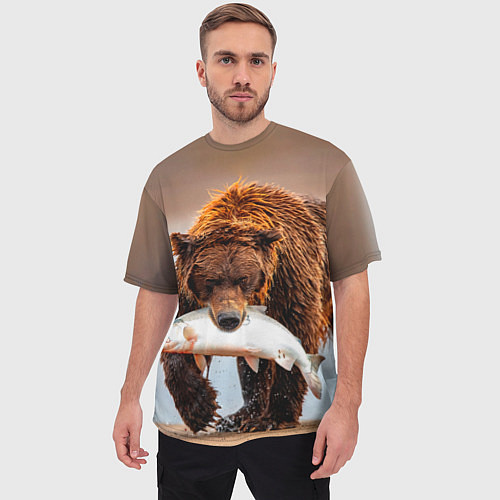 Мужская футболка оверсайз Медведь с рыбой во рту / 3D-принт – фото 3