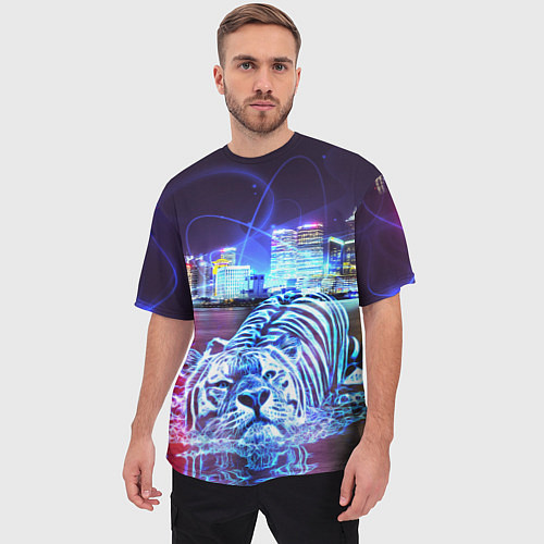 Мужская футболка оверсайз Плывущий неоновый тигр / 3D-принт – фото 3