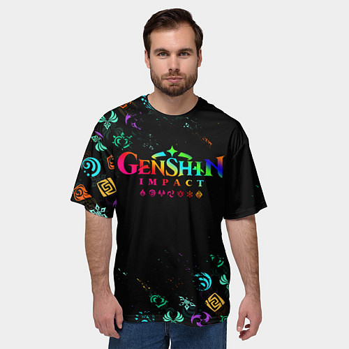 Мужская футболка оверсайз GENSHIN IMPACT NEON LOGO RAINBOW STYLE, ЭМБЛЕМЫ / 3D-принт – фото 3