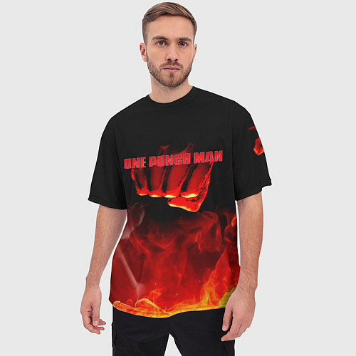 Мужская футболка оверсайз Кулак One Punch-Man в огне / 3D-принт – фото 3