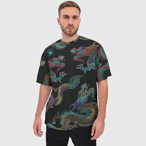 Мужская футболка оверсайз Цветные драконы / 3D-принт – фото 3
