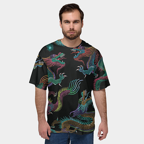 Мужская футболка оверсайз Цветные драконы / 3D-принт – фото 3