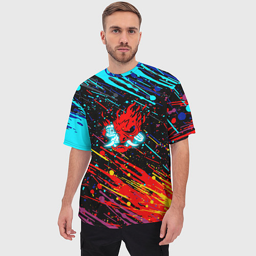 Мужская футболка оверсайз Cyberpunk 2077 Цветные брызги / 3D-принт – фото 3