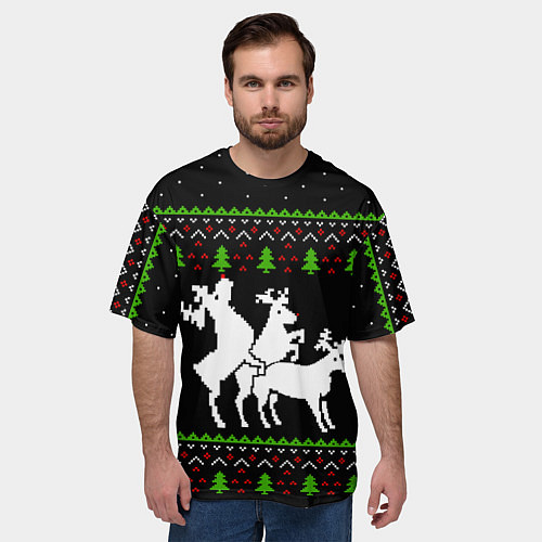 Мужская футболка оверсайз Новогодние три оленя / 3D-принт – фото 3