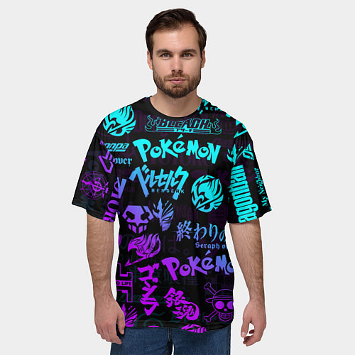 Мужская футболка оверсайз ANIME LOGOBOMBING NEON НЕОН ЛОГО АНИМЕ / 3D-принт – фото 3