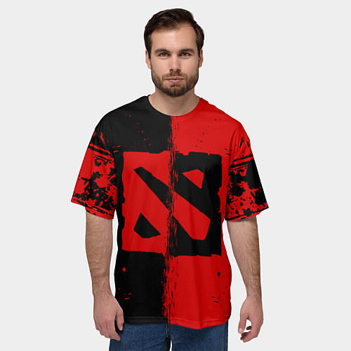 Мужская футболка оверсайз DOTA 2 БРЫЗГИ КРАСОК, КРАСНО ЧЁРНЫЙ ЛОГО / 3D-принт – фото 3