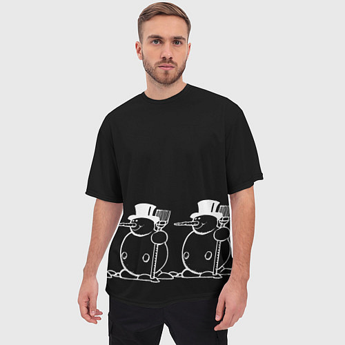 Мужская футболка оверсайз Снеговик на черном фоне / 3D-принт – фото 3