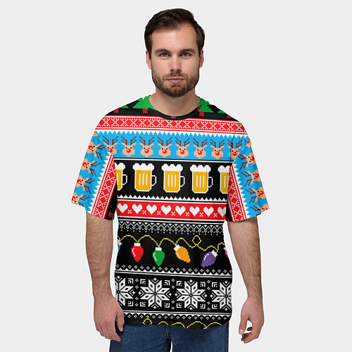 Мужская футболка оверсайз Новогодний пивной узор / 3D-принт – фото 3