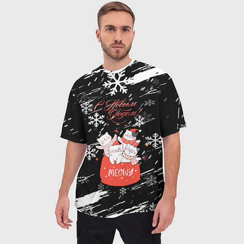 Мужская футболка оверсайз Новогодние коты в подарочном мешке / 3D-принт – фото 3