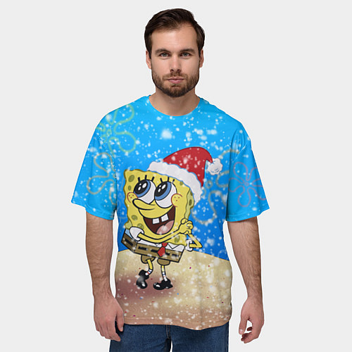 Мужская футболка оверсайз НОВОГОДНИЙ ГУБКА БОБ КВАДРАТНЫЕ ШТАНЫ / 3D-принт – фото 3