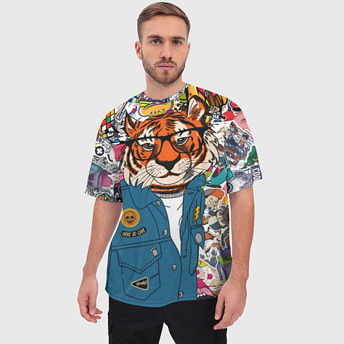 Мужская футболка оверсайз Стикербомбинг с тигром / 3D-принт – фото 3