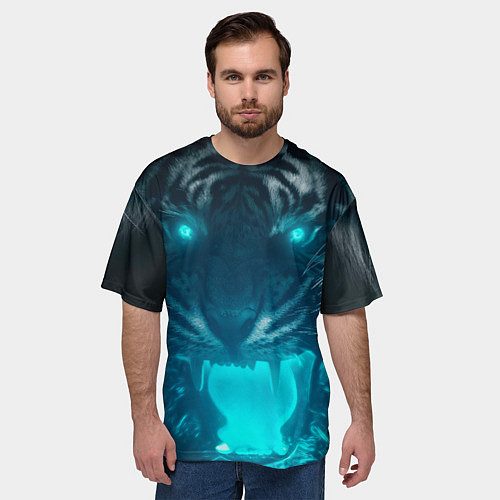 Мужская футболка оверсайз Неоновый водяной тигр 2022 / 3D-принт – фото 3