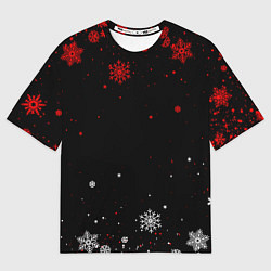 Футболка оверсайз мужская КРАСНО БЕЛЫЕ СНЕЖИНКИ НА ЧЁРНОМ ФОНЕ, цвет: 3D-принт