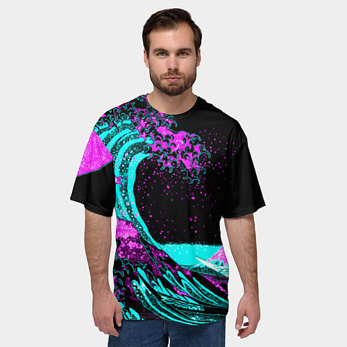 Мужская футболка оверсайз НЕОНОВАЯ ЯПОНИЯ, ВОЛНА, ФУДЗИЯМА NEON JAPAN / 3D-принт – фото 3