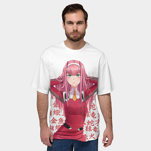Мужская футболка оверсайз 02 ZERO TWO DARLING IN THE FRANXX ИЕРОГЛИФЫ / 3D-принт – фото 3
